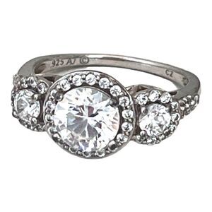 Vintage 1990s Sterling Silver Ring Three Stone CZ Halo Size 7 Engagement - 5X
